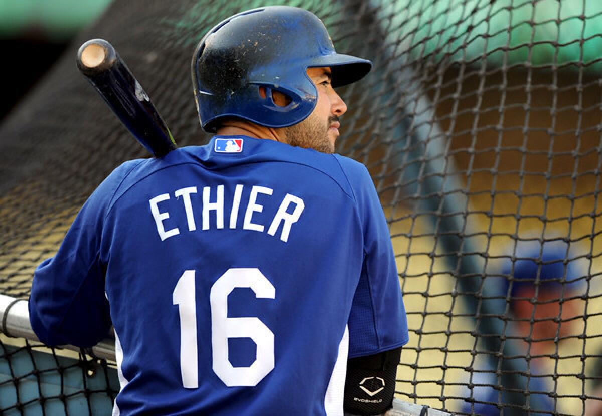 Dodgers outfielder Andre Ethier waits to take his turn during a batting practice earlier this month at Dodger Stadium.