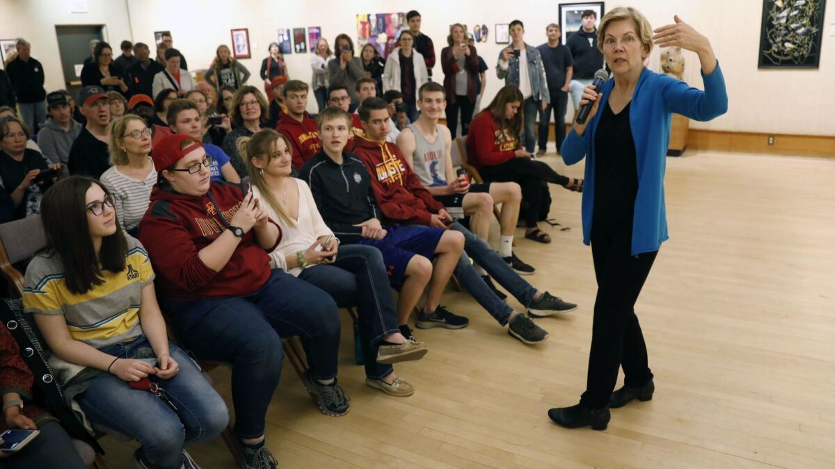 Democratic presidential candidate Sen. Elizabeth Warren campaigns in Ames, Iowa.
