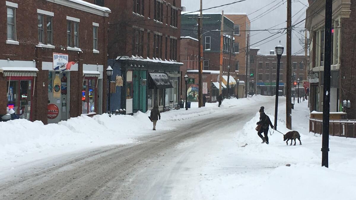 Elliot Street in downtown Brattleboro, Vt., on Sunday after a storm dumped several inches of snow overnight.