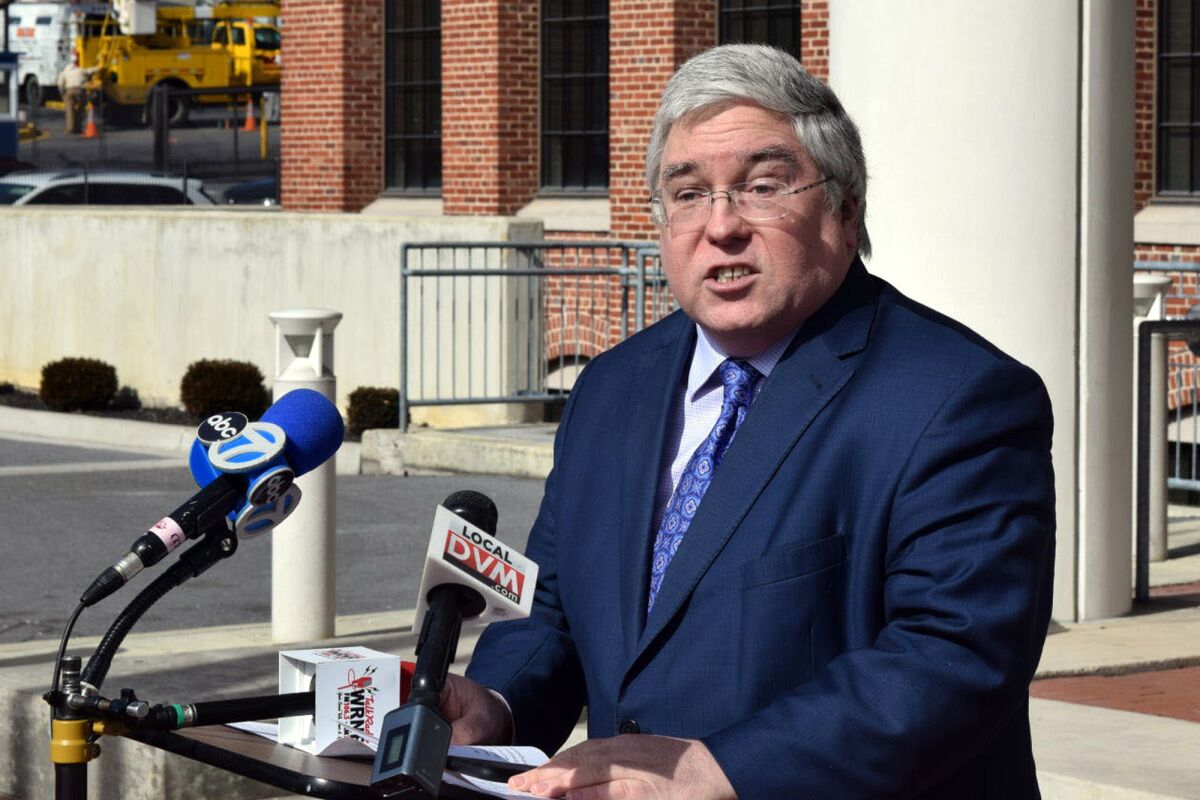 FILE - In this Feb. 19, 2019, file photo, West Virginia Attorney General Patrick Morrisey speaks at a news conference in Martinsburg, W.Va. Morrisey announced Thursday, Aug. 5, 2021, that a lawsuit he filed accusing several drug manufacturers of misrepresenting the risks of their painkilling drugs will go to trial next April in state court. (Matthew Umstead/The Herald-Mail via AP, File)/The Herald-Mail via AP)