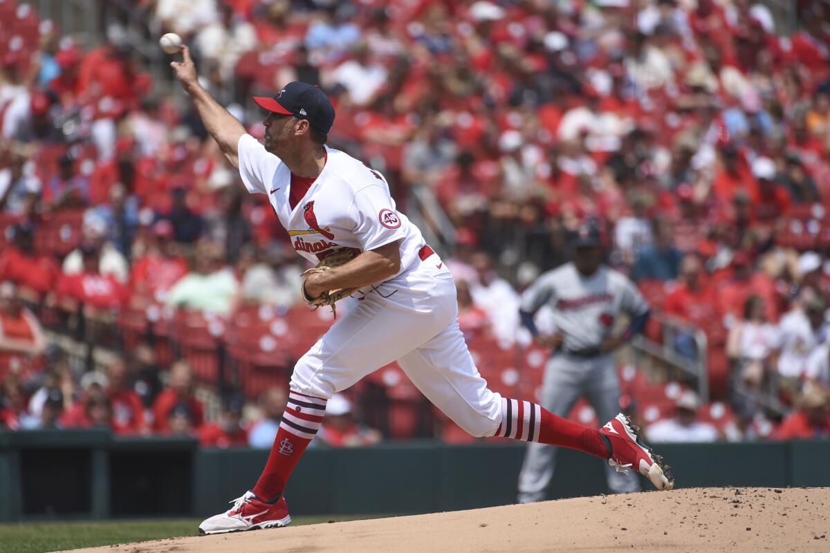 St. Louis Cardinals starting pitcher Adam Wainwright throws during the first inning of a baseball game against the Minnesota Twins on Sunday, Aug. 1, 2021, in St. Louis. (AP Photo/Joe Puetz)