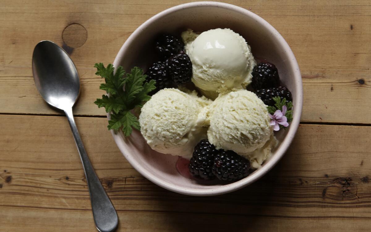 Rose geranium ice cream with rose geranium blackberries