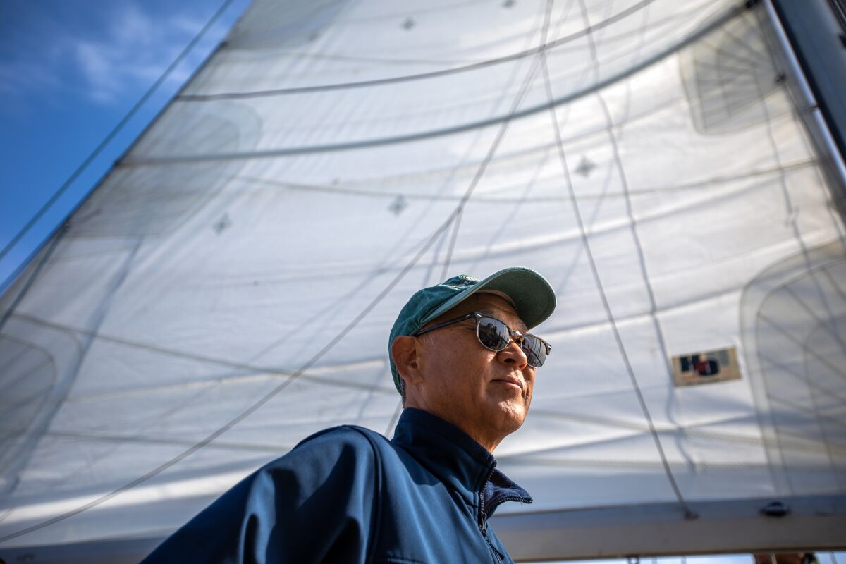 Captain Jin Woo Nam, 63, on his 37-foot, 32,000-pound Tayana sailing yacht named "Ignatella," 