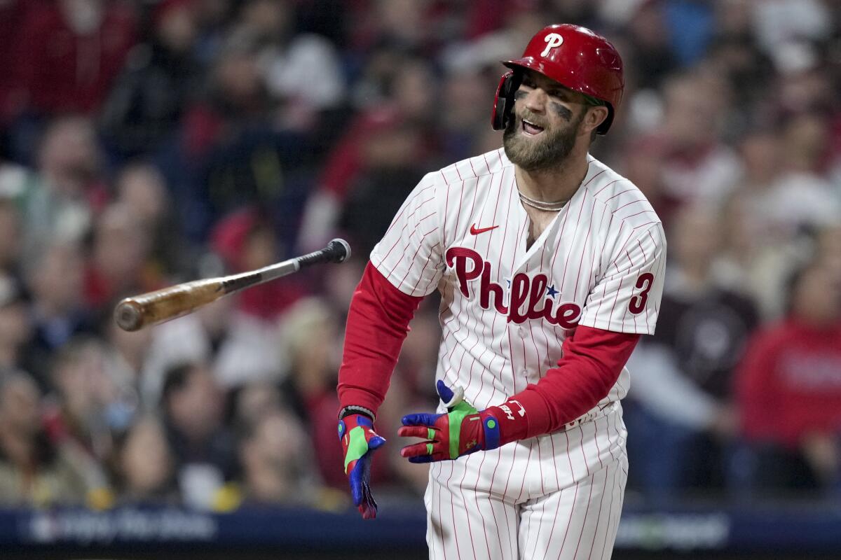 Philadelphia Phillies designated hitter Bryce Harper (3) leaves