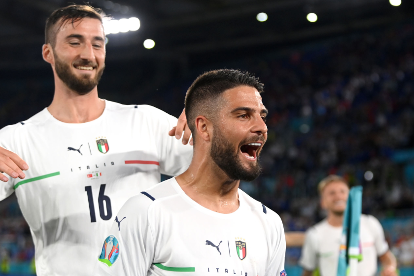 Lorenzo Insigne celebrates after scoring Italy's third goal in a Euro 2020 match against Turkey on June 11, 2021, in Rome.