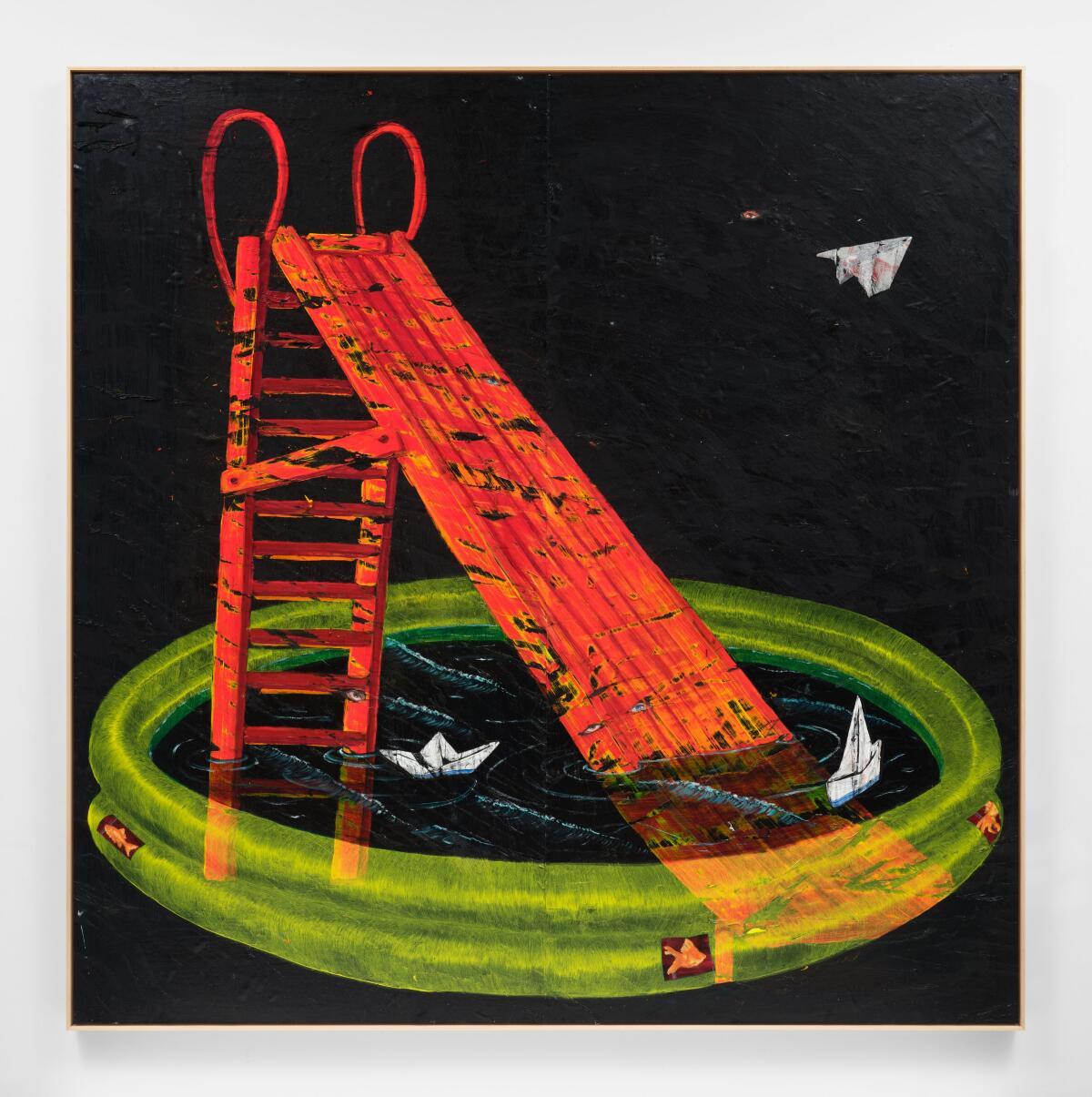 A painting of an orange ladder slide in a round green inflatable pool