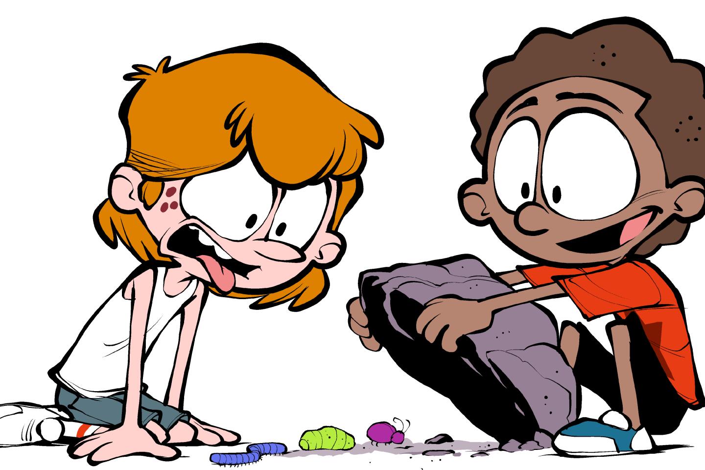 Illustration of two boys looking under a rock