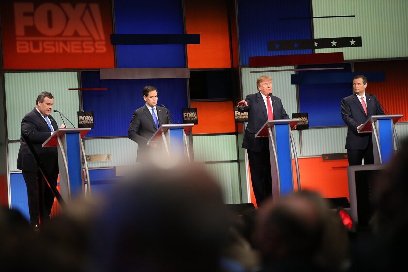 GOP Presidential candidates Chris Christie, from left, Marco Rubio, Donald Trump and Ted Cruz at the Jan. 14 debate. All except Trump have endorsed raising the Social Security retirement age.