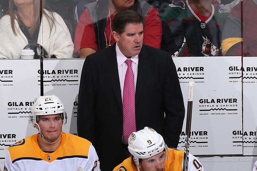 GLENDALE, AZ - NOVEMBER 15: Head coach Peter Laviolette of the Nashville Predators watches from the bench during the first period of the NHL game against the Arizona Coyotes at Gila River Arena on November 15, 2018 in Glendale, Arizona. (Photo by Christian Petersen/Getty Images)