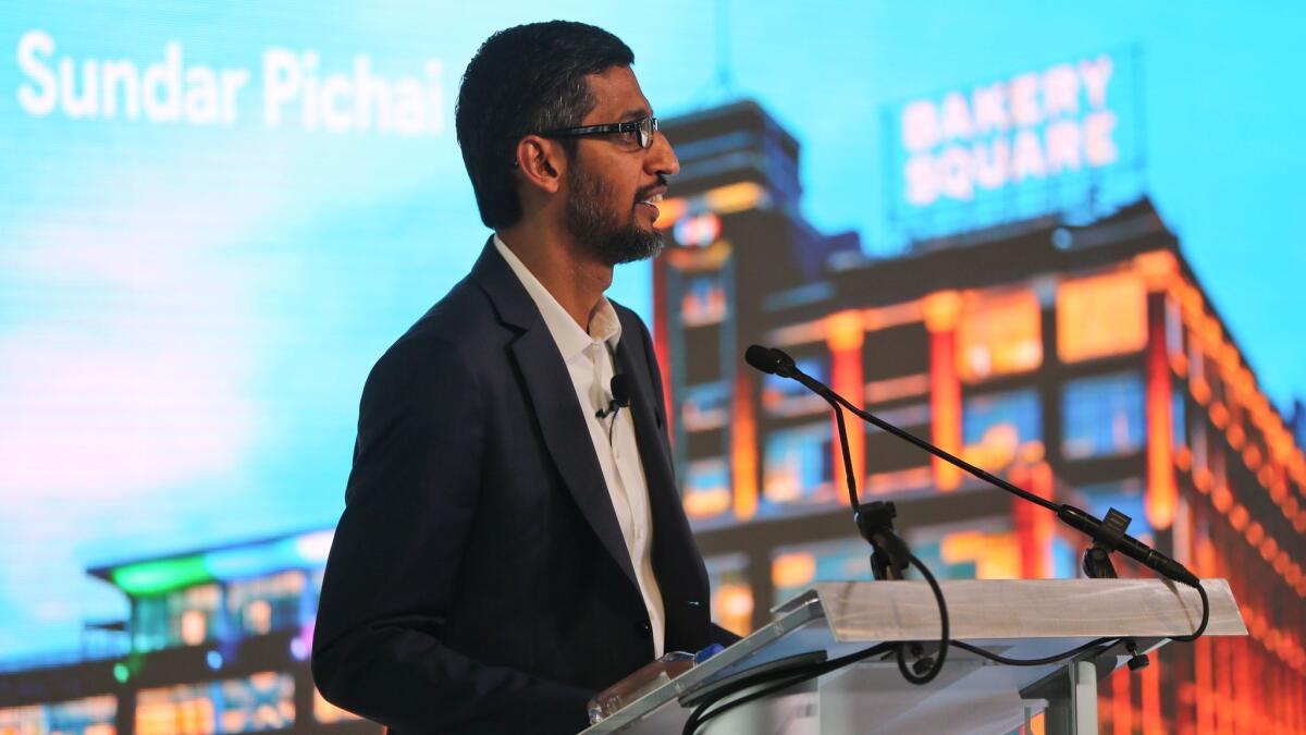 Alphabet Chief Executive Sundar Pichai speaks at a news conference in 2017.