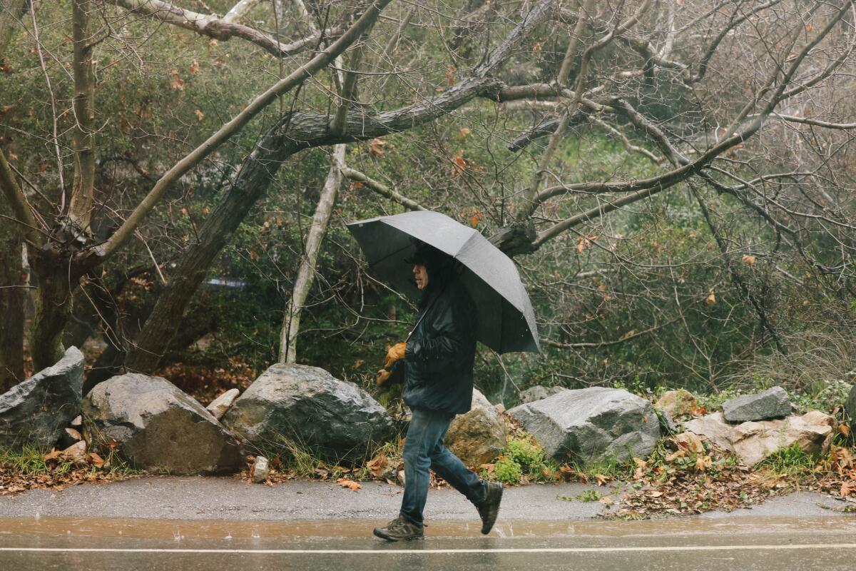A man carries an umbrella in the rain.