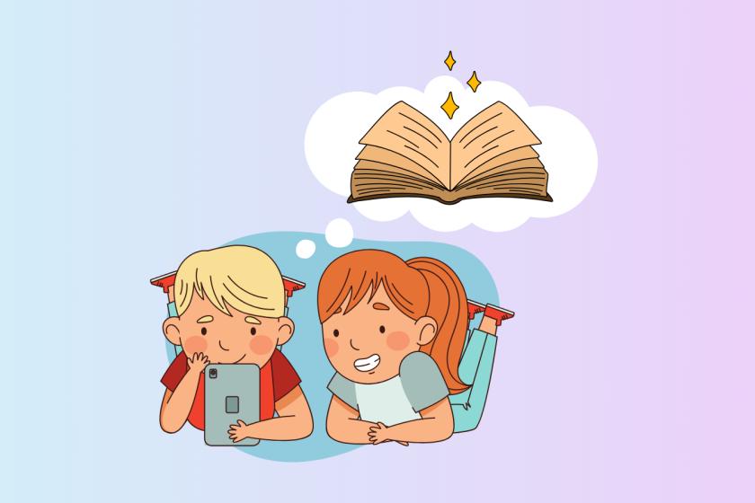 Two young children smile while reading on a phone. A book is in their thought bubble as they read.