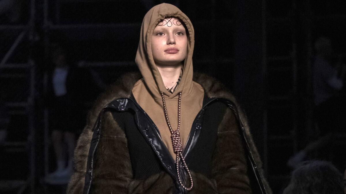A model wears a controversial look from Burberry at the brand's autumn/winter 2019 fashion week runway show in London.