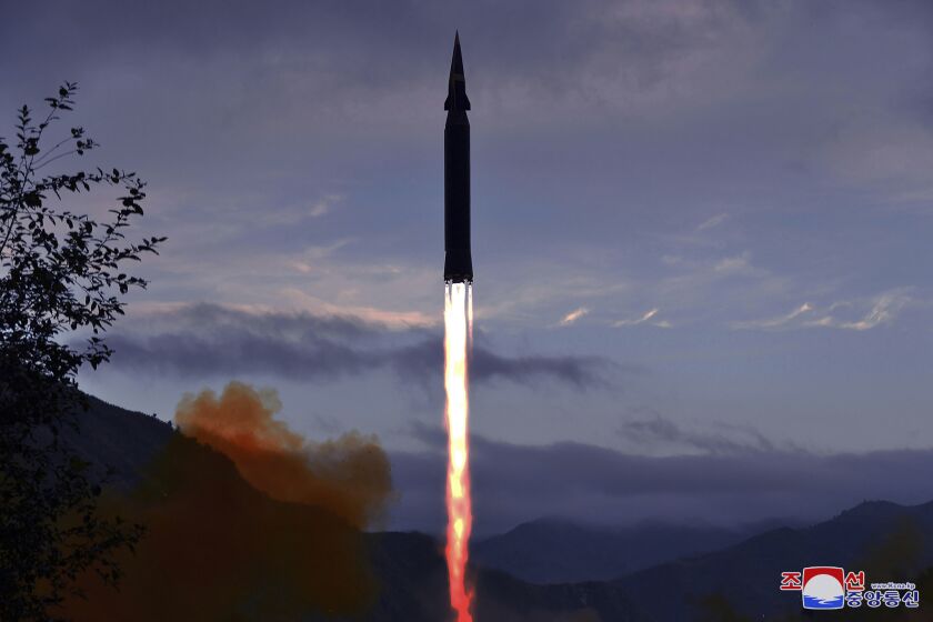 This photo provided by the North Korean government shows what North Korea claims to be a new hypersonic missile launched from Toyang-ri, Ryongrim County, Jagang Province, North Korea, Tuesday, Sept. 28, 2021. North Korea said Wednesday, Sept. 29, 2021 it successfully tested the new hypersonic missile it implied was being developed as nuclear capable as it continues to expand its military capabilities while pressuring Washington and Seoul over long-stalled negotiations over its nuclear weapons. Independent journalists were not given access to cover the event depicted in this image distributed by the North Korean government. The content of this image is as provided and cannot be independently verified. Korean language watermark on image as provided by source reads: "KCNA" which is the abbreviation for Korean Central News Agency. (Korean Central News Agency/Korea News Service via AP)