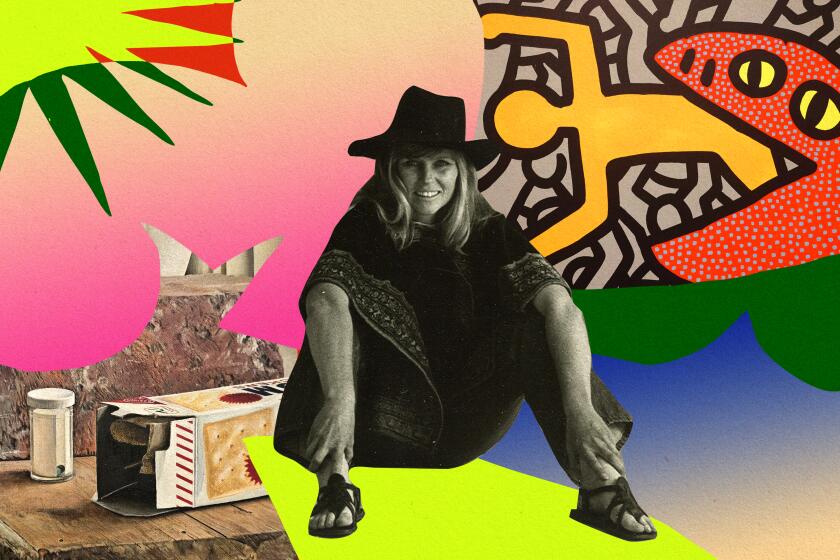 A photo illustrations of art by Maxwell Hendler, Barbara T. Smith, and Keith Haring.