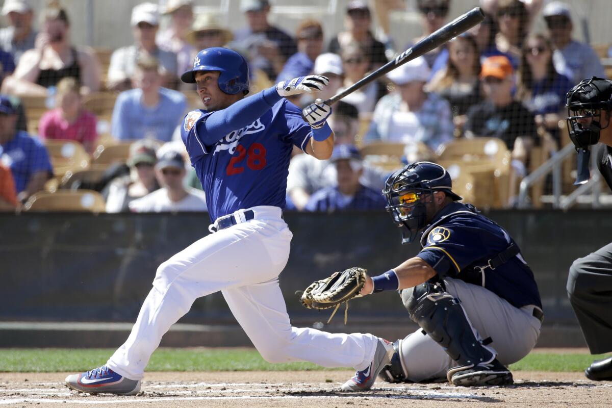 Austin Barnes hits an RBI single during the first inning of a spring training baseball game against the Brewers on March 14. The Dodgers beat the Brewers, 6-2.
