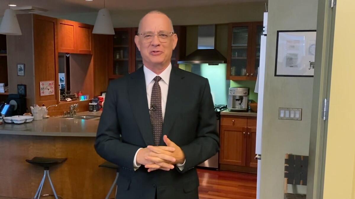 Tom Hanks delivers a monologue while remotely hosting "Saturday Night Live" in April.