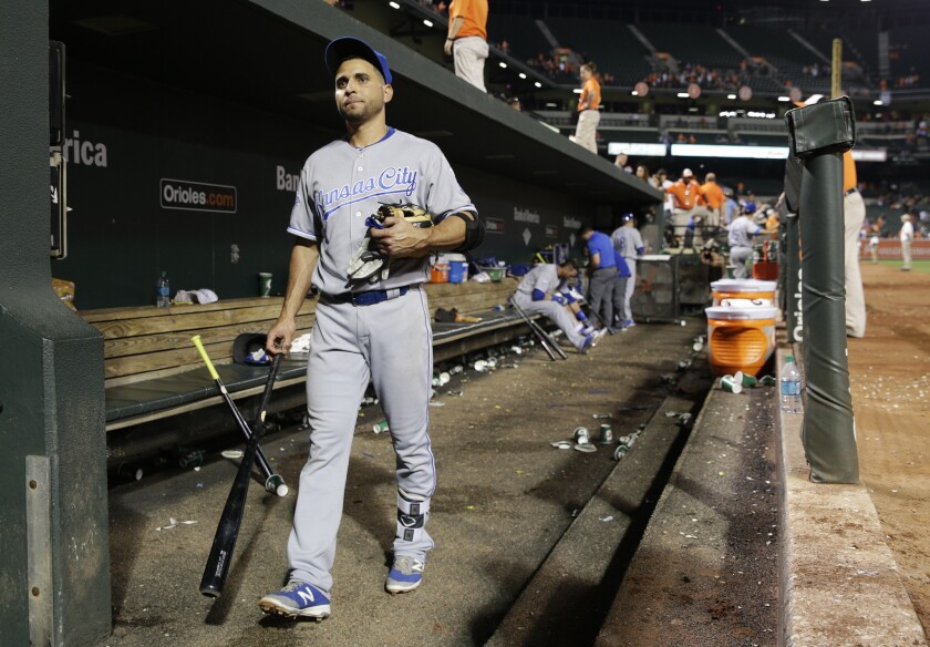 Omar Infante walks out of the dugout after a 4-1 loss to Baltimore on June 6.