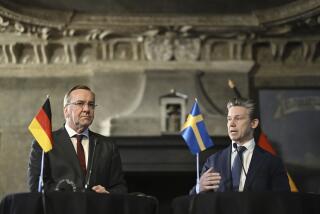 German Defense Minister Boris Pistorius, left, and Swedish Defense Minister P?l Jonson attend a news conference during their meeting at Karlberg Palace in Solna, Stockholm, Tuesday, March 5, 2024. (Pontus Lundahl/TT News Agency via AP)