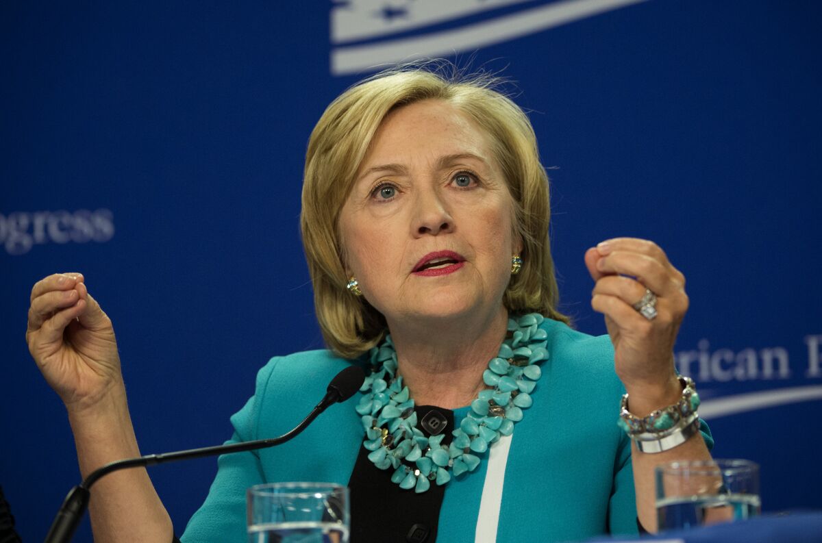 Former, and perhaps future, presidential candidate Hillary Rodham Clinton speaks at a Thursday forum sponsored by the Center for American Progress in Washington.