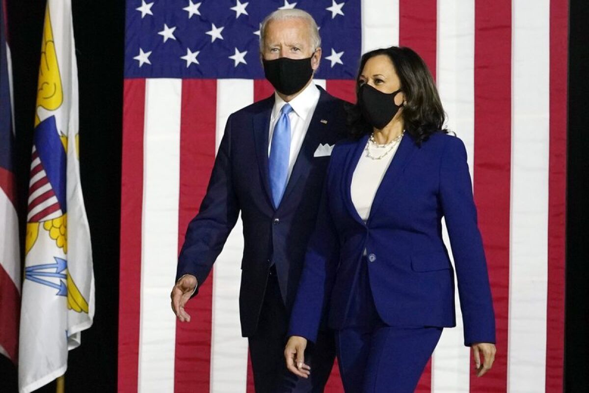 Democratic presidential candidate Joe Biden and his running mate, Sen. Kamala Harris, were in Wilmington, Del., on Wednesday.