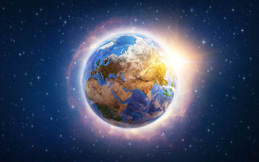 Illustration of the Earth floating in a star-filled universe