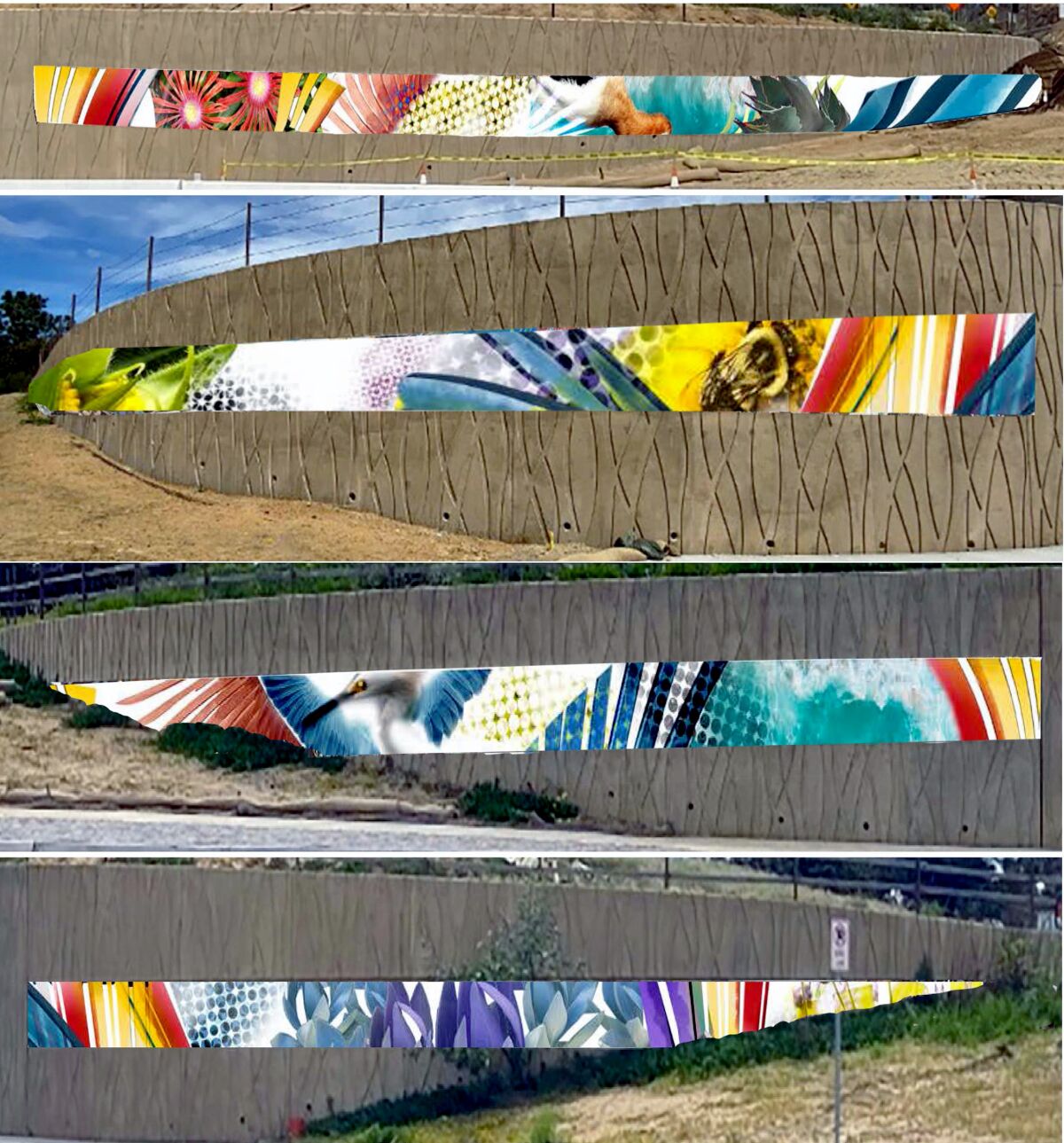 Renderings of four colored mosaic strips that will be on the new Encinitas Boulevard freeway underpass.