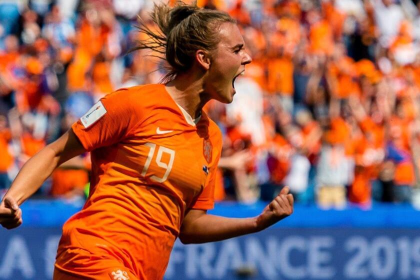 Mandatory Credit: Photo by PETER POWELL/EPA-EFE/REX (10302152ap) Netherland's Jill Roord celebrates scoring the winning goal during the FIFA Women's World Cup 2019 Group E soccer match between New Zealand and the Netherlands in Le Havre, France, 11 June 2019. FIFA Women's World Cup 2019, Le Havre, France - 11 Jun 2019 ** Usable by LA, CT and MoD ONLY **