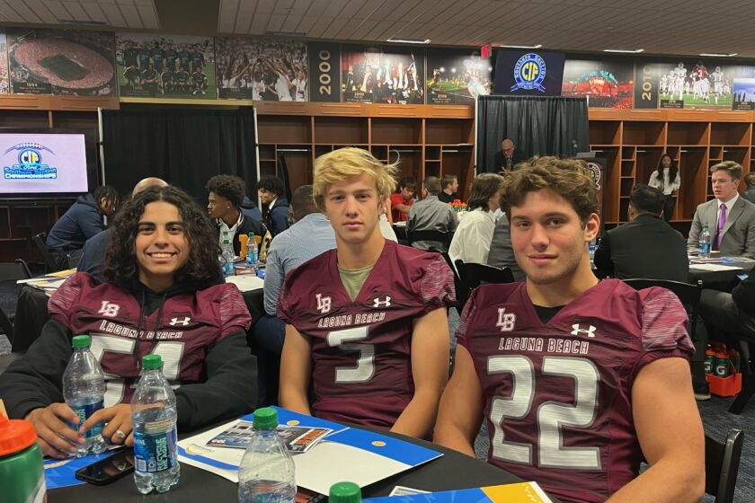 Laguna Beach football team captains, left to right, Micah Chavez, Sam Garwal and Jeremy Kanter at Monday's CIF Southern Section football luncheon at the Rose Bowl.