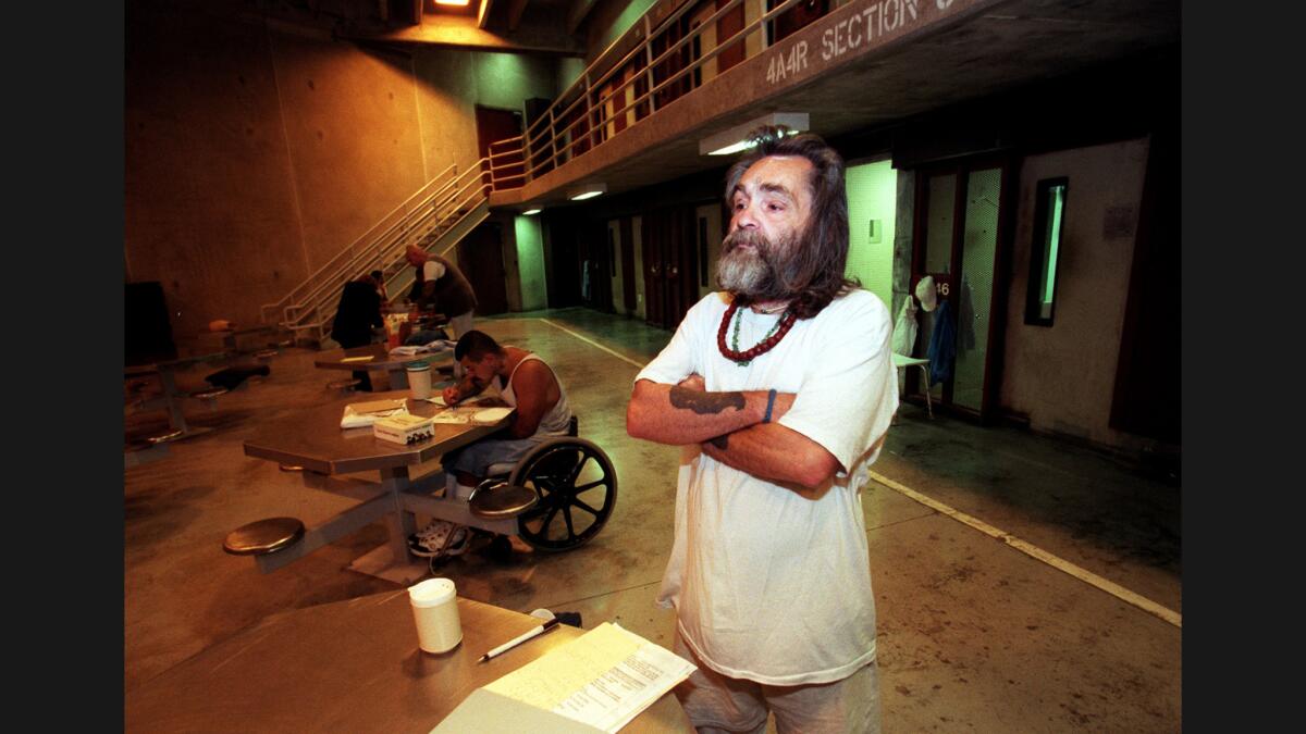 Charles Manson waits in the high-security area of Corcoran State Prison in 1998.