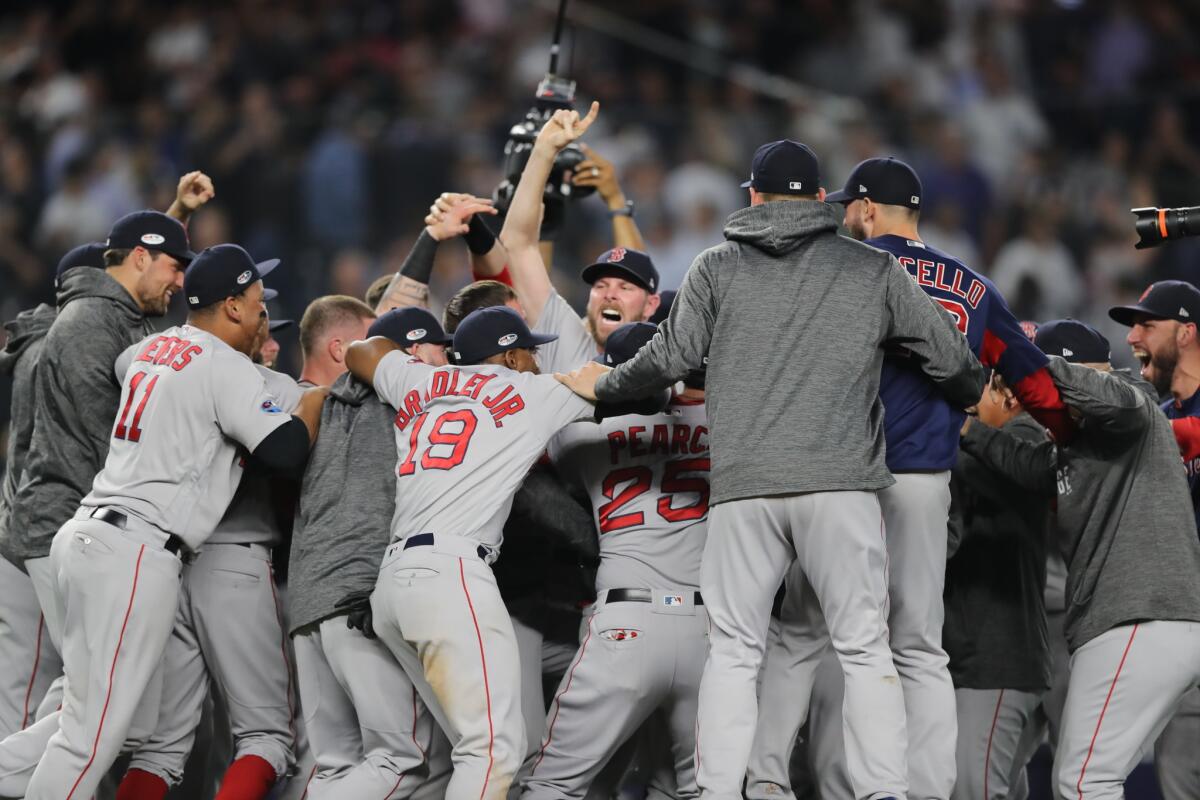 Craig Kimbrel #46 and the Boston Red Sox celebrates after beating the New York Yankees to win Game Four American League Division Series at Yankee Stadium on October 09, 2018 in the Bronx borough of New York City.