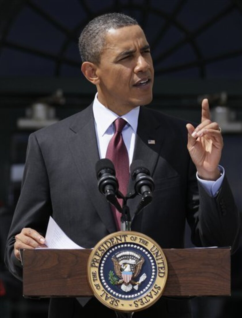 President Barack Obama speaks as he welcomes the Wounded Warrior Project's Soldier Ride on the South Lawn of the White House, Wednesday, May 4, 2011, in Washington. (AP Photo/Carolyn Kaster)