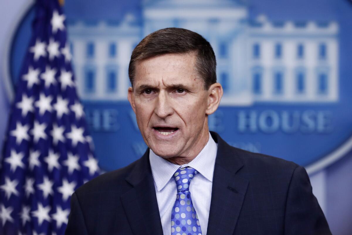 Then-national security advisor Michael Flynn speaks during the daily news briefing Feb. 1 at the White House.