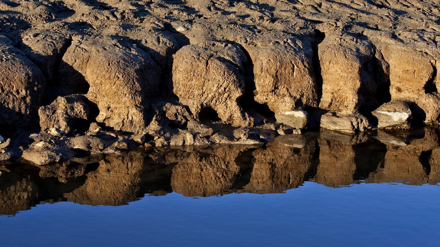 Patterns are created and reflected from water receding on the bed of Folsom Lake. As the state ends the fourth-driest water year on record with no guarantee of significant rain and snow this winter, Californians face the prospect of stricter rationing and meager irrigation deliveries.