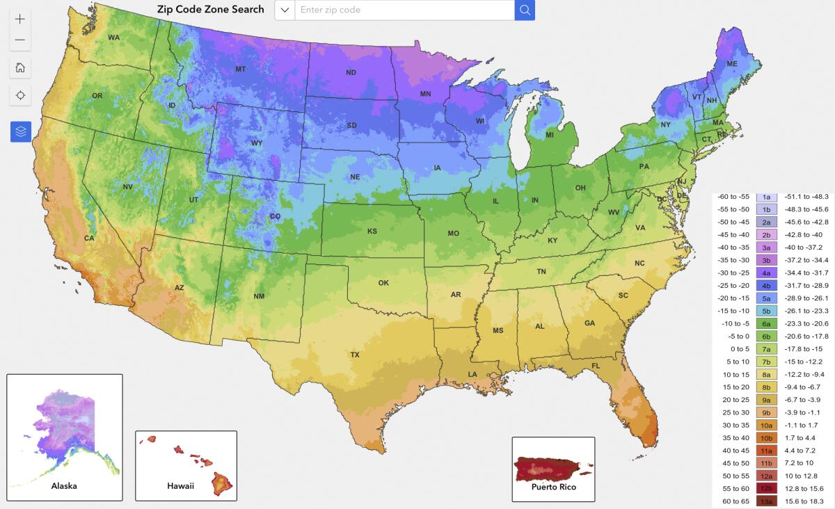 A color-coded map of the U.S. shows the agency's new plant hardiness zones.
