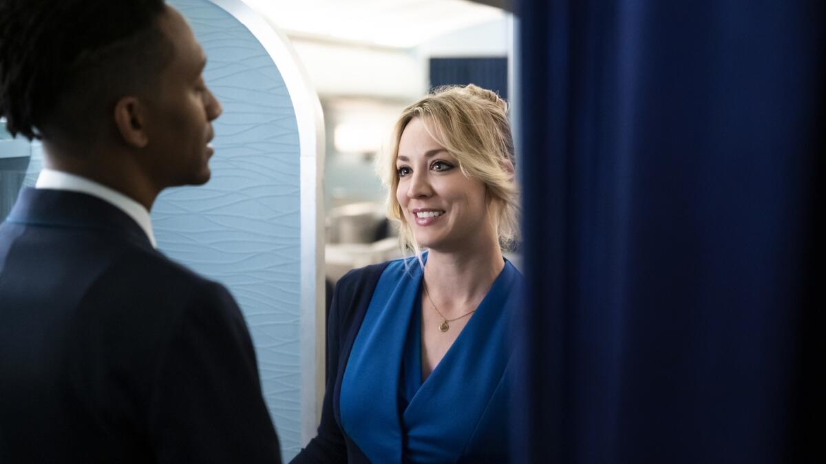 Griffin Matthews and Kaley Cuoco in "The Flight Attendant."