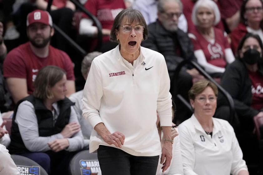 Stanford head coach Tara VanDerveer reacts toward players during the first half of the team's second-round college basketball game in the women's NCAA Tournament against Iowa State in Stanford, Calif., Sunday, March 24, 2024. (AP Photo/Jeff Chiu)