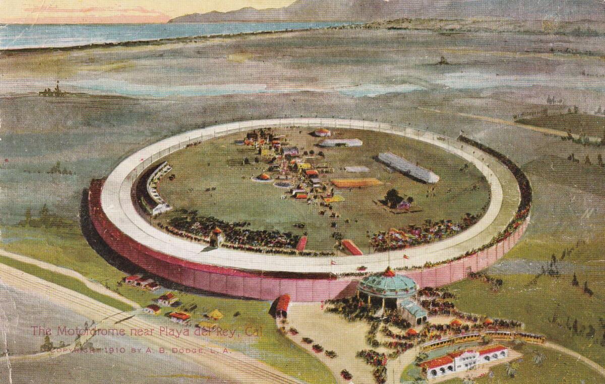 A historical postcard depicting the Motordrome near Playa del Rey, circa 1910.