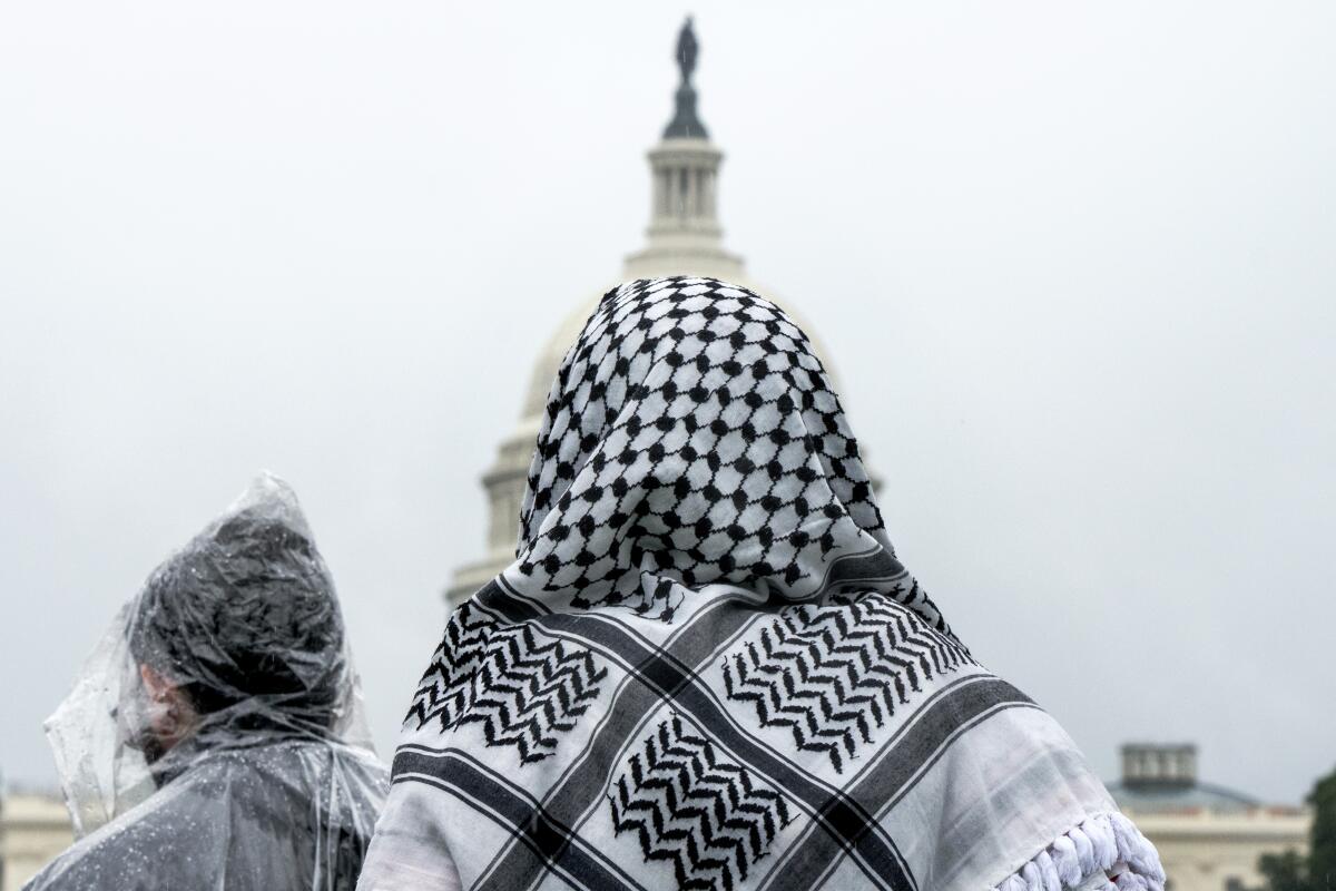 A person wearing a keffiyeh looks toward the U.S. Capitol.