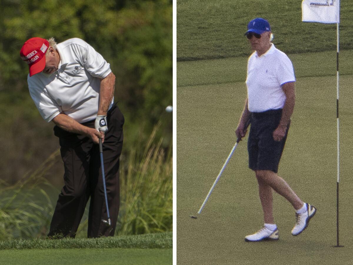 A diptych shows Trump and  Biden on golf courses.