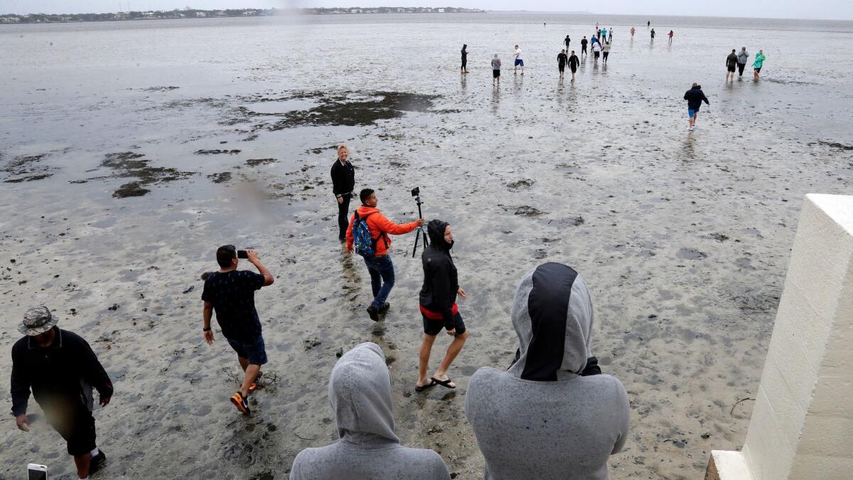 People walk out onto what would normally be 4 feet of water in Old Tampa Bay, on Sept. 10, 2017, in Tampa, Fla. Hurricane Irma, which was expected to pummel the area, and an unusual low tide pushed water out of the bay.