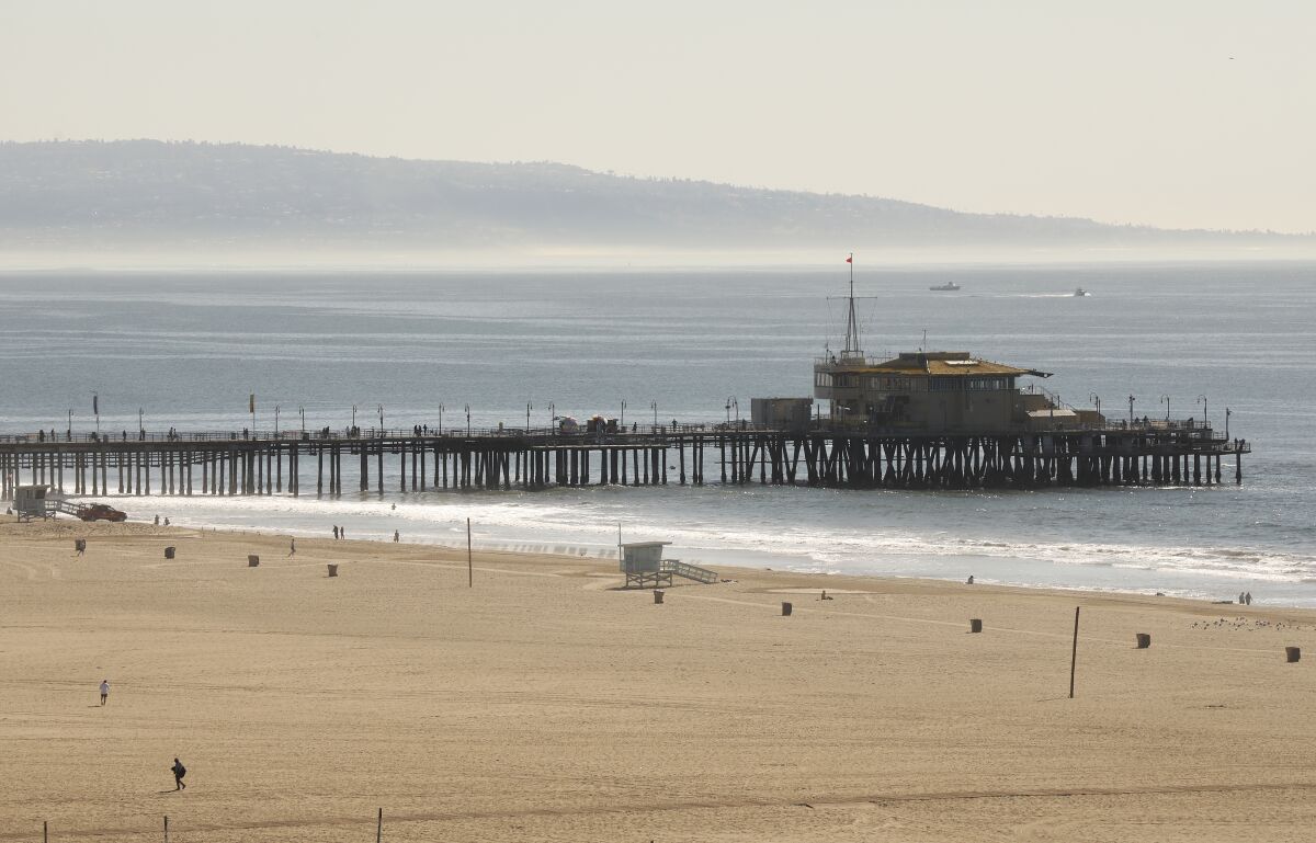 Morning view of the Santa Monica Pier and Santa Monica Bay. 