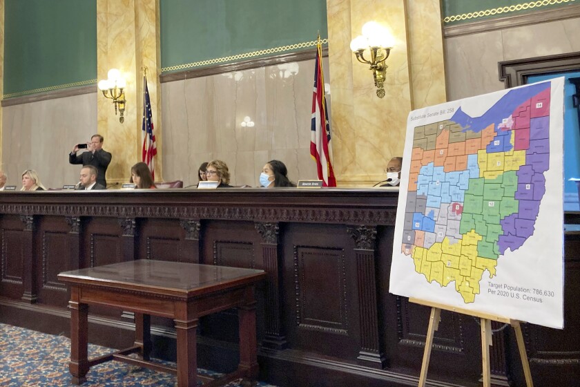 FILE—Members of the Ohio Senate Government Oversight Committee hear testimony on a new map of state congressional districts in this file photo from Nov. 16, 2021, at the Ohio Statehouse in Columbus, Ohio. On Friday, Jan. 14, 2022, the Ohio Supreme Court rejected a new map of the state's 15 congressional districts as gerrymandered, sending the blueprint back for another try. The 4-3 decision returns the process to the powerful Ohio Redistricting Commission. (AP Photo/Julie Carr Smyth, File)