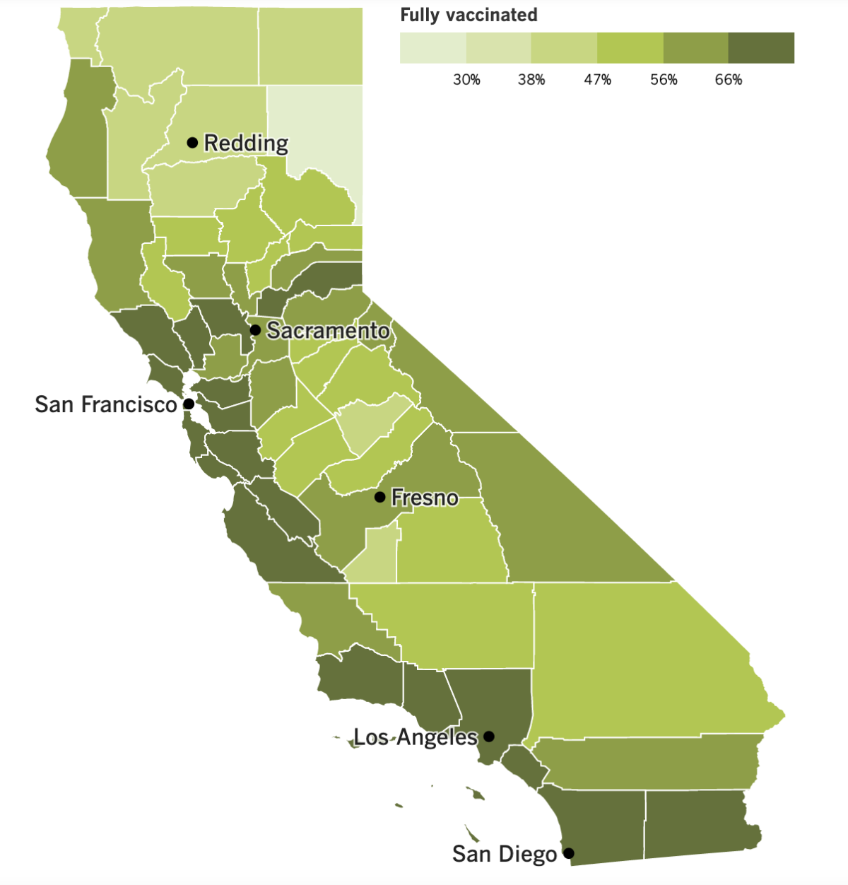 A map that shows the state's vaccination progress by county.