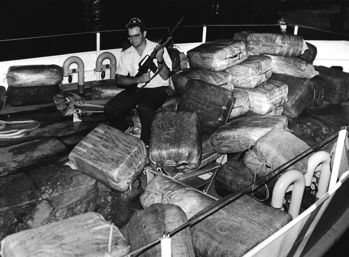 A black-and-white still from the documentary movie "Cocaine Cowboys."