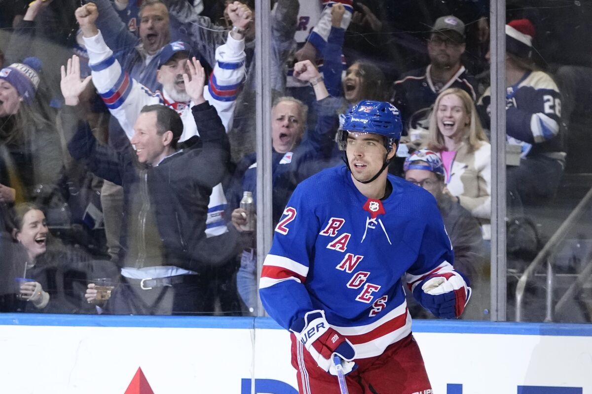 New York Rangers' Filip Chytil celebrates after scoring a goal during the first period of an NHL hockey game against the Columbus Blue Jackets Tuesday, March 28, 2023, in New York. (AP Photo/Frank Franklin II)