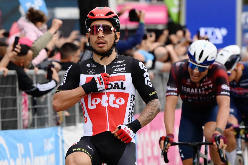 Australia's Caleb Ewan celebrates winning the seventh stage of the Giro d'Italia cycling race, from Notaresco to Termoli, Italy, Friday, May 14, 2021. (Gian Mattia D'Alberto/LaPresse via AP)