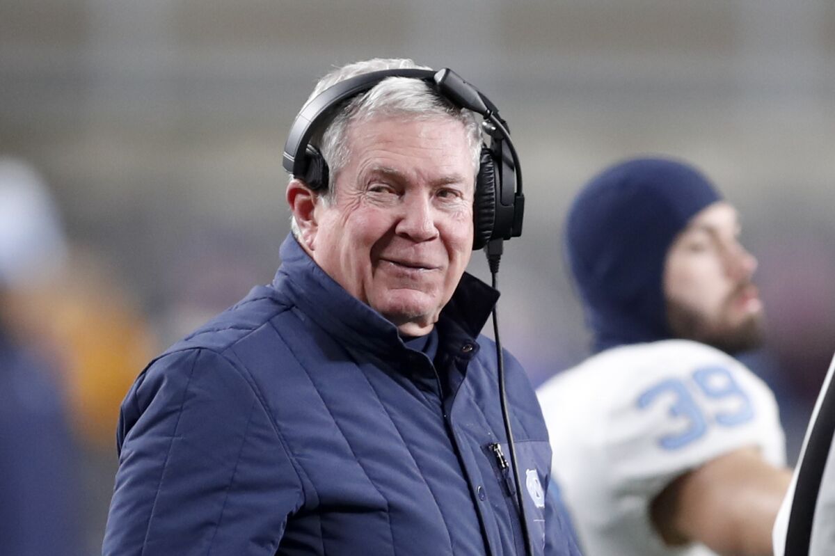 North Carolina coach Mack Brown looks on from the sideline.