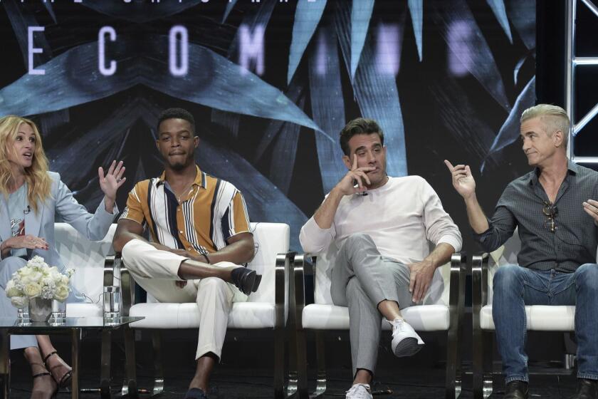 Julia Roberts, from left, Stephan James, Bobby Cannavale and Dermot Mulroney participate in the "Homecoming" panel during the TCA Summer Press Tour on Saturday, July 28, 2018, in Beverly Hills, Calif. (Photo by Richard Shotwell/Invision/AP)