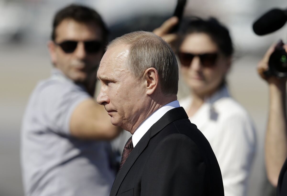 Russian President Vladimir Putin at the Athens international airport on May 27.